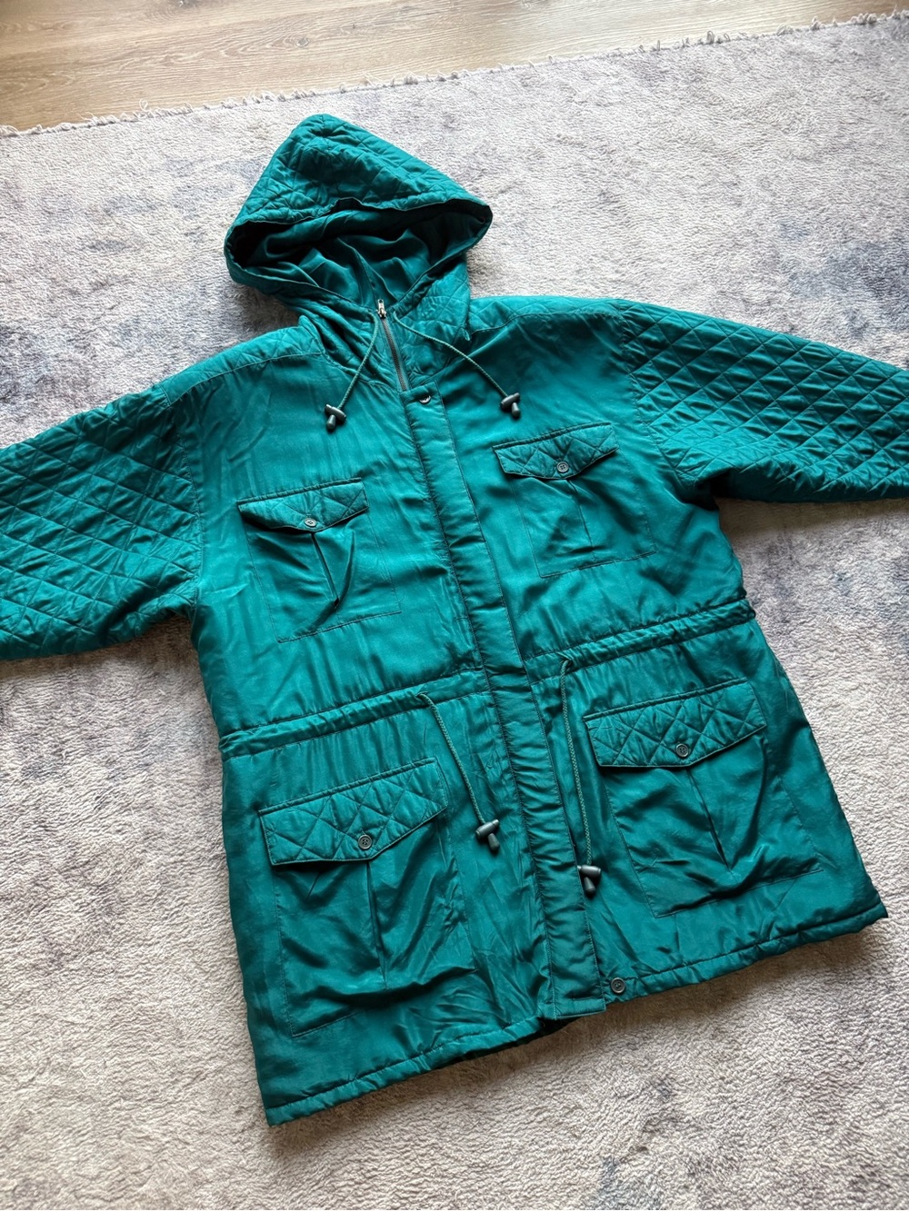 Vintage Marguerite Li 100% Silk Aqua Teal Quilted Hooded Parka Jacket 1X 90s EUC